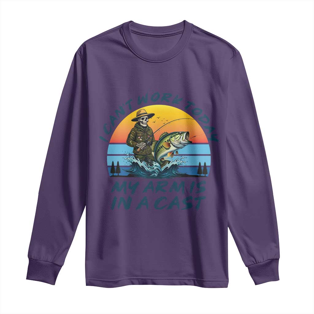 Funny Skeleton Camo Fishing Long Sleeve Shirt I Can Not Work Today My Arm Is In A Cast TS14 Purple Print Your Wear