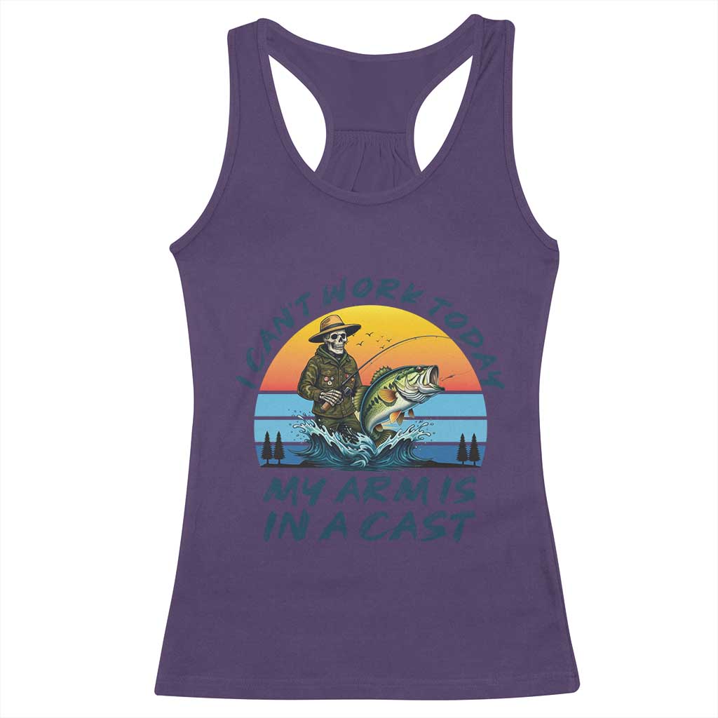 Funny Skeleton Camo Fishing Racerback Tank Top I Can Not Work Today My Arm Is In A Cast TS14 Purple Print Your Wear