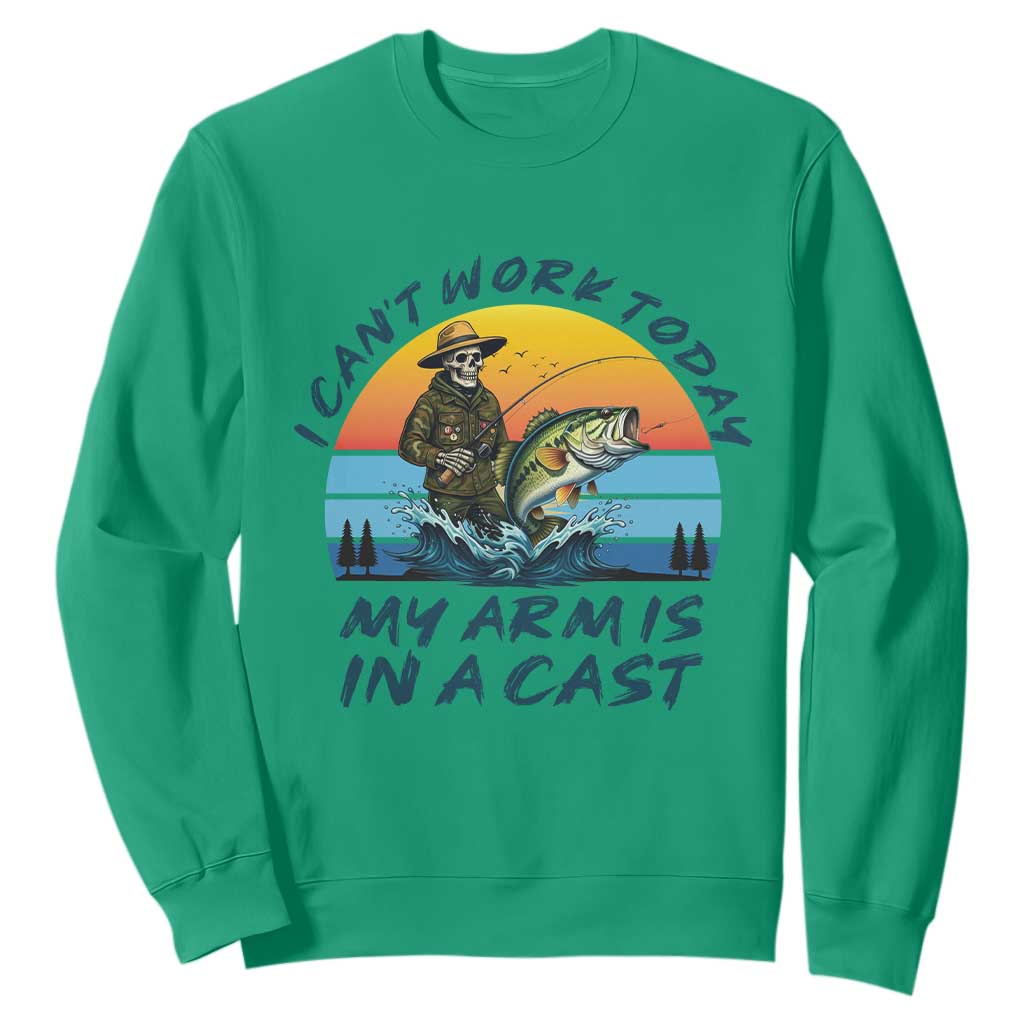 Funny Skeleton Camo Fishing Sweatshirt I Can Not Work Today My Arm Is In A Cast TS14 Irish Green Print Your Wear