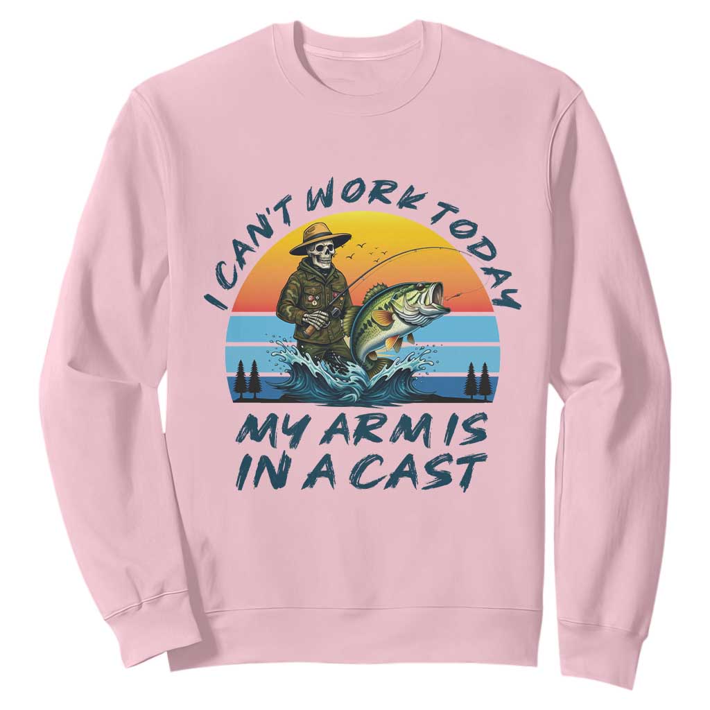 Funny Skeleton Camo Fishing Sweatshirt I Can Not Work Today My Arm Is In A Cast TS14 Light Pink Print Your Wear