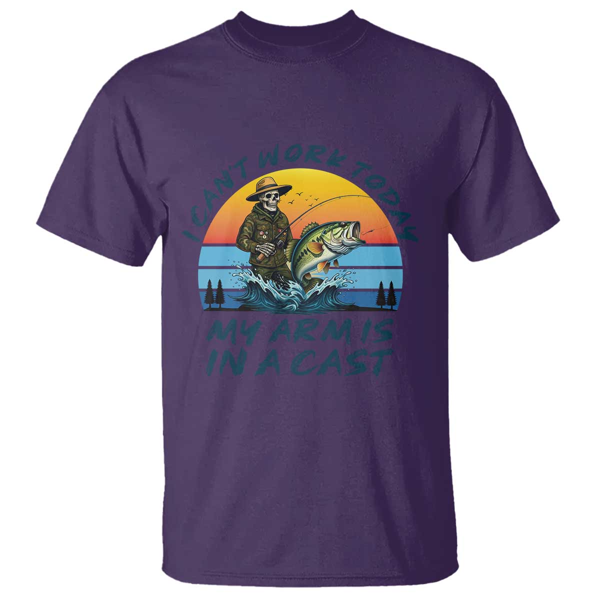 Funny Skeleton Camo Fishing T Shirt I Can Not Work Today My Arm Is In A Cast TS14 Purple Print Your Wear