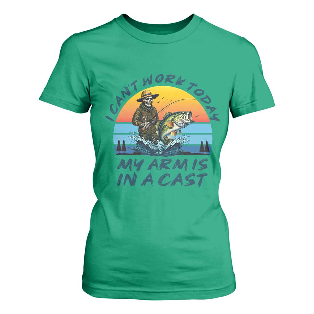 Funny Skeleton Camo Fishing T Shirt For Women I Can Not Work Today My Arm Is In A Cast TS14 Irish Green Print Your Wear