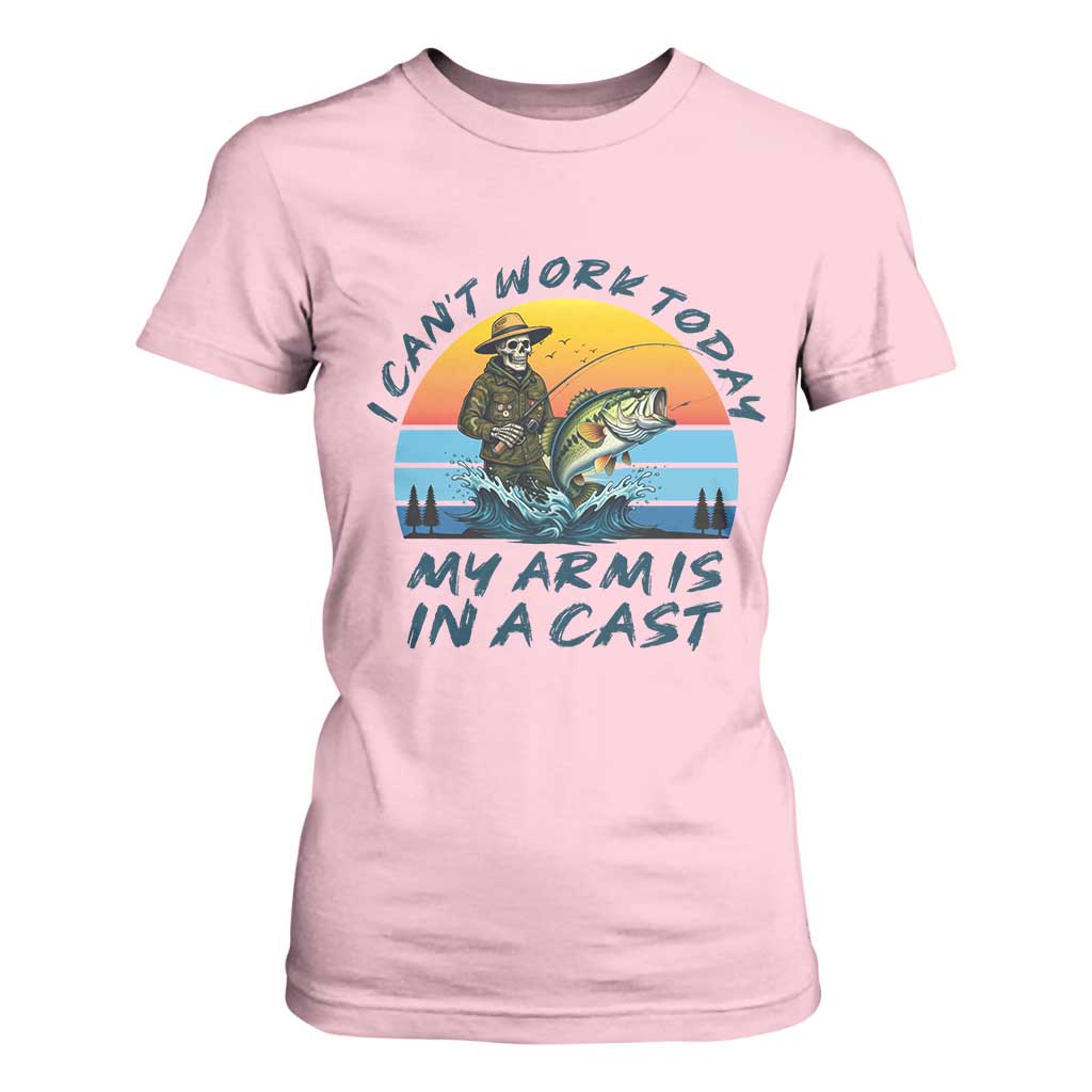 Funny Skeleton Camo Fishing T Shirt For Women I Can Not Work Today My Arm Is In A Cast TS14 Light Pink Print Your Wear
