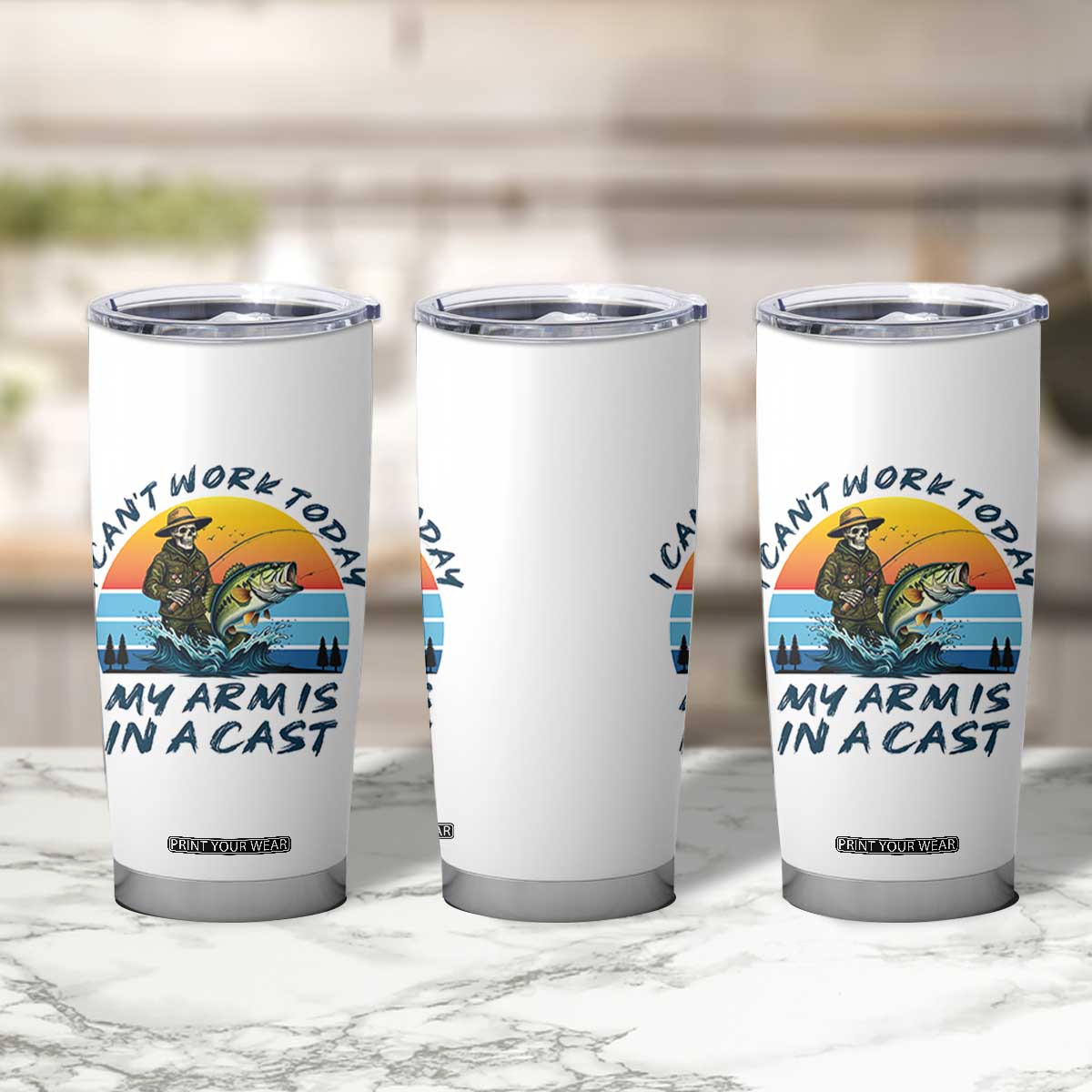 Funny Skeleton Camo Fishing Tumbler Cup I Can Not Work Today My Arm Is In A Cast TS14 Print Your Wear