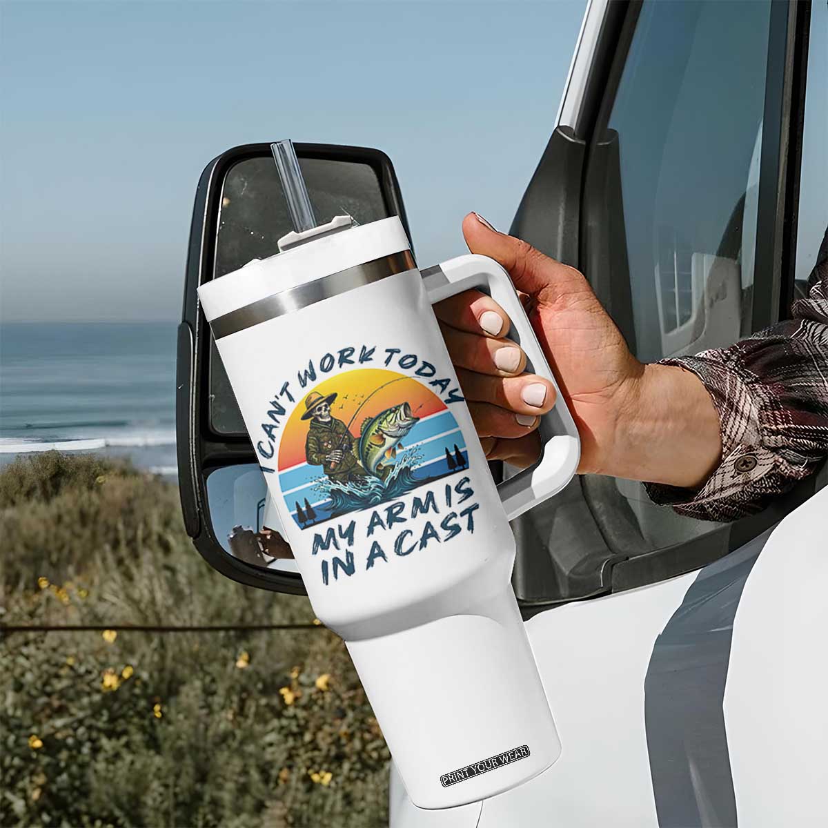 Funny Skeleton Camo Fishing Tumbler With Handle I Can Not Work Today My Arm Is In A Cast TS14 Print Your Wear