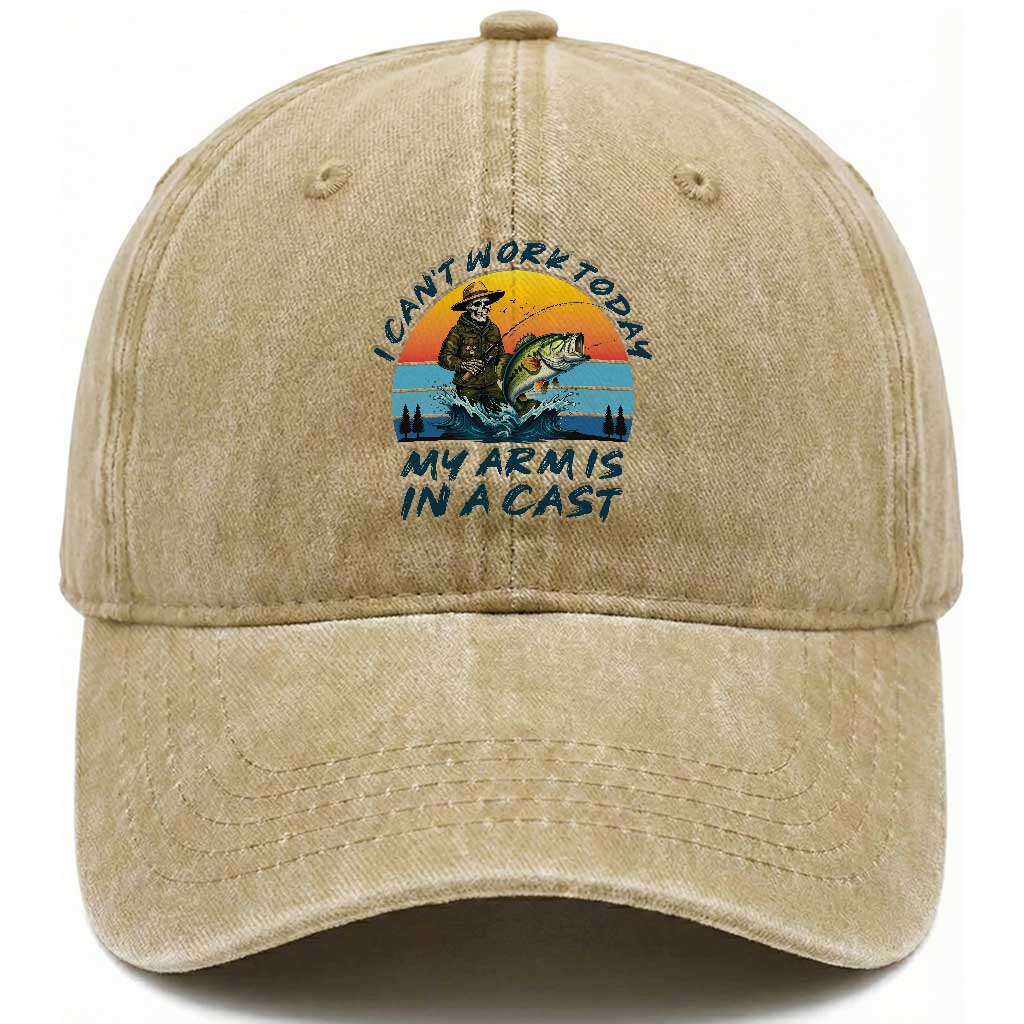 Funny Skeleton Camo Fishing Washed Cotton Baseball Cap I Can Not Work Today My Arm Is In A Cast TS14 Washed Cap Universal Fit Khaki Print Your Wear