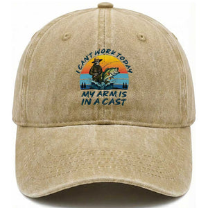 Funny Skeleton Camo Fishing Washed Cotton Baseball Cap I Can Not Work Today My Arm Is In A Cast TS14 Washed Cap Universal Fit Khaki Print Your Wear