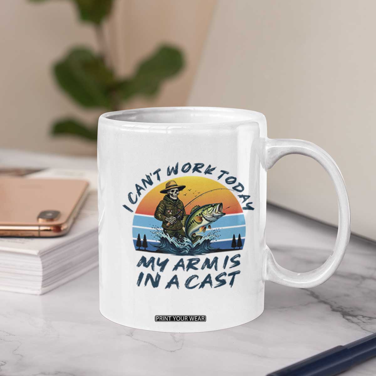 Funny Skeleton Camo Fishing Coffee Mug I Can Not Work Today My Arm Is In A Cast TS14 Print Your Wear