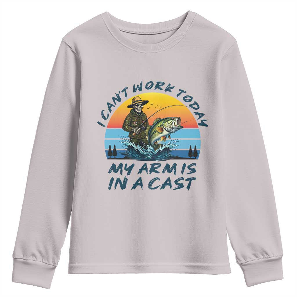 Funny Skeleton Camo Fishing Youth Sweatshirt I Can Not Work Today My Arm Is In A Cast TS14 Ice Gray Print Your Wear
