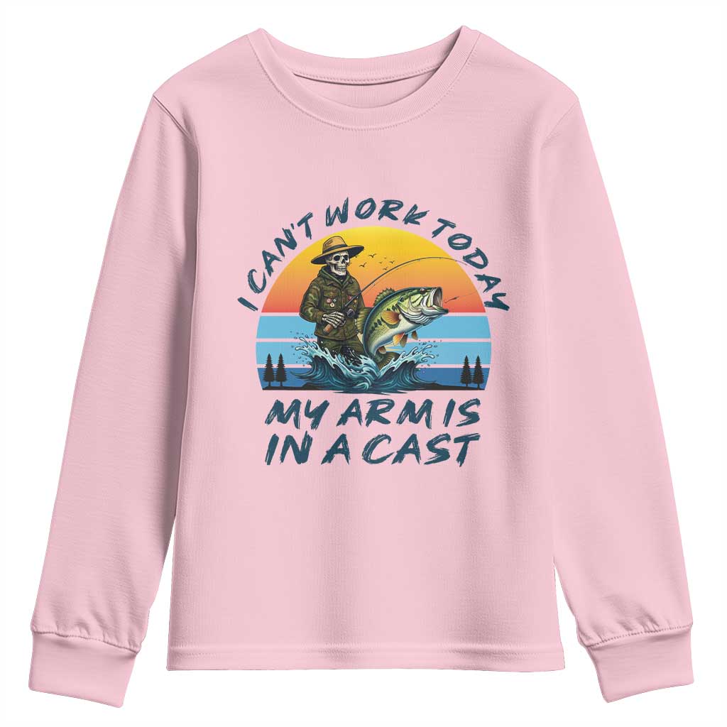 Funny Skeleton Camo Fishing Youth Sweatshirt I Can Not Work Today My Arm Is In A Cast TS14 Light Pink Print Your Wear