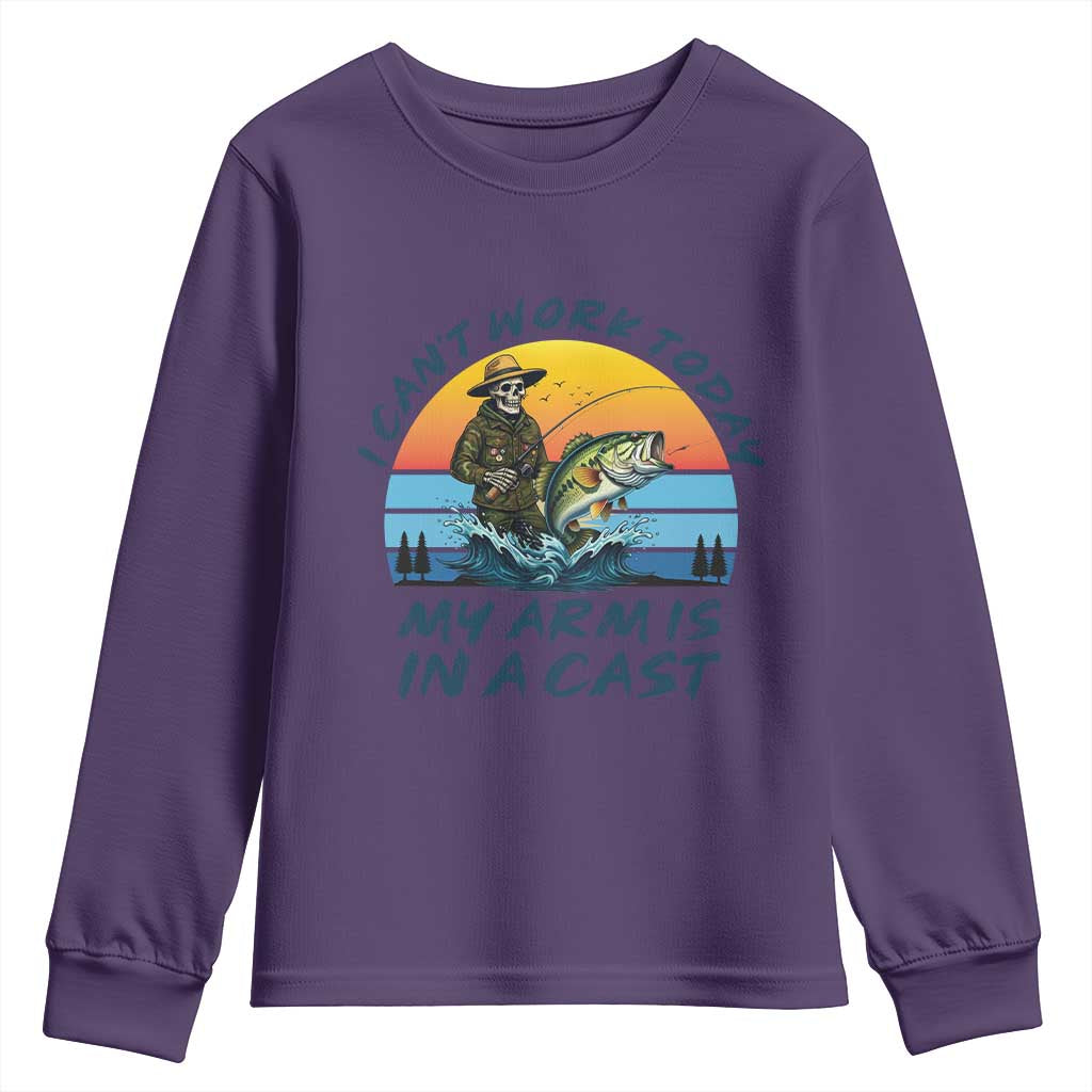 Funny Skeleton Camo Fishing Youth Sweatshirt I Can Not Work Today My Arm Is In A Cast TS14 Purple Print Your Wear