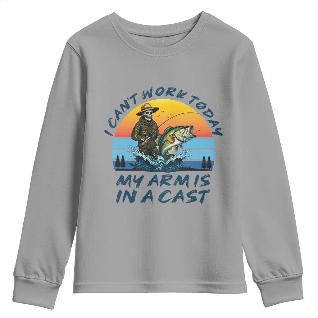 Funny Skeleton Camo Fishing Youth Sweatshirt I Can Not Work Today My Arm Is In A Cast TS14 Sport Gray Print Your Wear