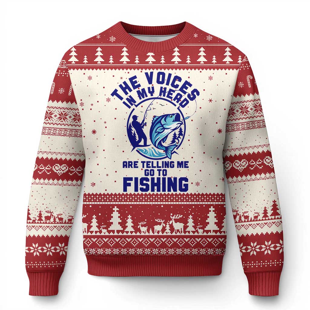 Funny Fisherman Ugly Christmas Sweater The Voices In My Head Are Telling Me To Go Fishing TS14 Beige Red Print Your Wear
