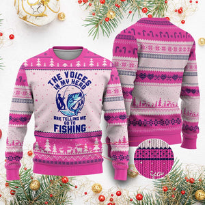 Funny Fisherman Ugly Christmas Sweater The Voices In My Head Are Telling Me To Go Fishing TS14 Hot Pink Print Your Wear