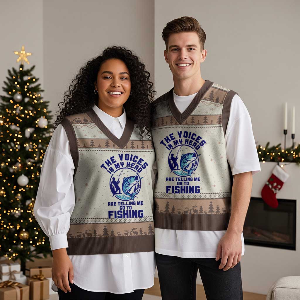 Funny Fisherman V-Neck Knit Sweater Vest The Voices In My Head Are Telling Me To Go Fishing TS14 Mocha Mousse Print Your Wear