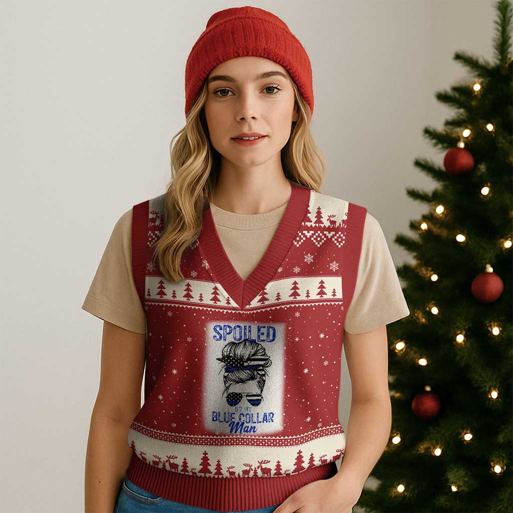 Blue Collar Wife Life Messy Bun V-Neck Knit Sweater Vest TS14 Red Beige Print Your Wear