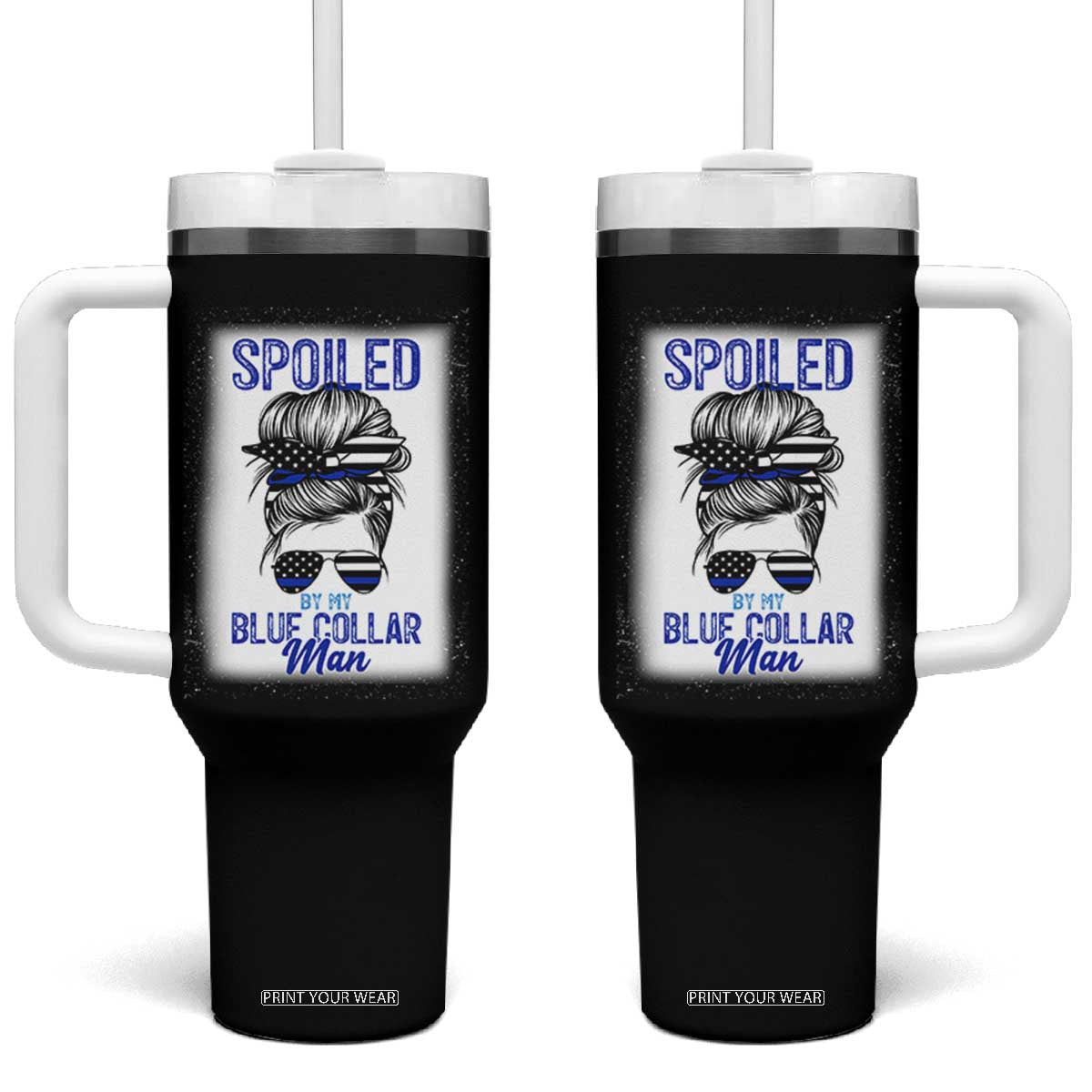Blue Collar Wife Life Messy Bun Tumbler With Handle TS14 One Size: 40 oz Black Print Your Wear