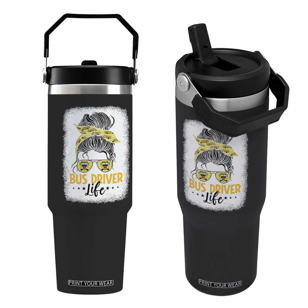 Messy Bun School Bus Driver Life Flip Straw Tumbler TS14 One Size: 30 oz Black Print Your Wear
