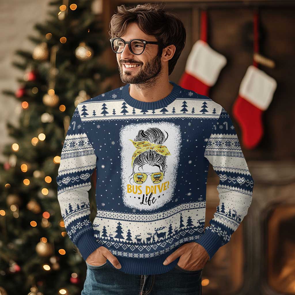 Messy Bun School Bus Driver Life Ugly Christmas Sweater TS14 Navy Beige Print Your Wear