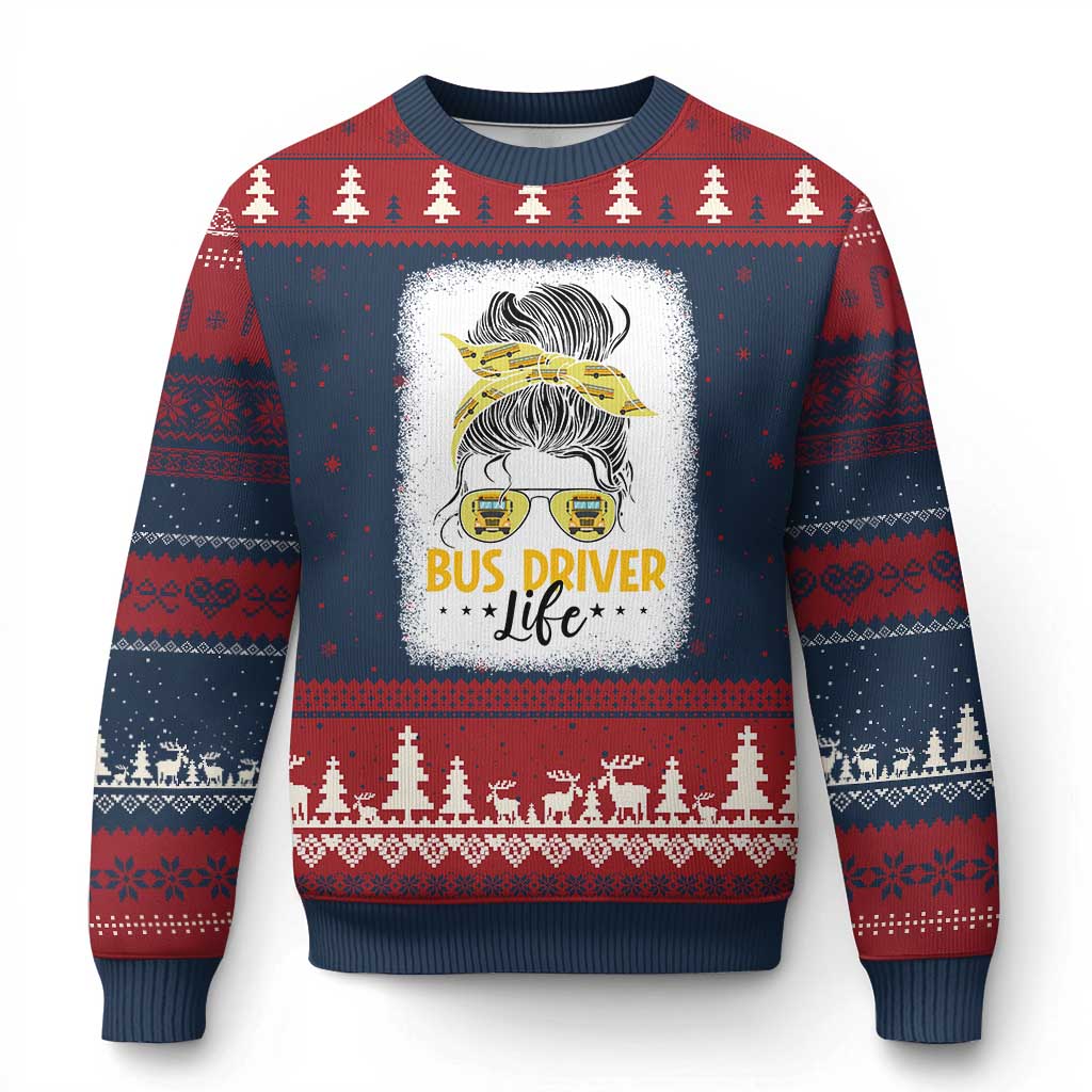 Messy Bun School Bus Driver Life Ugly Christmas Sweater TS14 Navy Red Print Your Wear