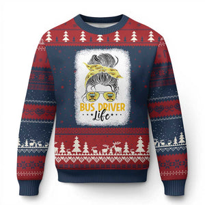 Messy Bun School Bus Driver Life Ugly Christmas Sweater TS14 Navy Red Print Your Wear