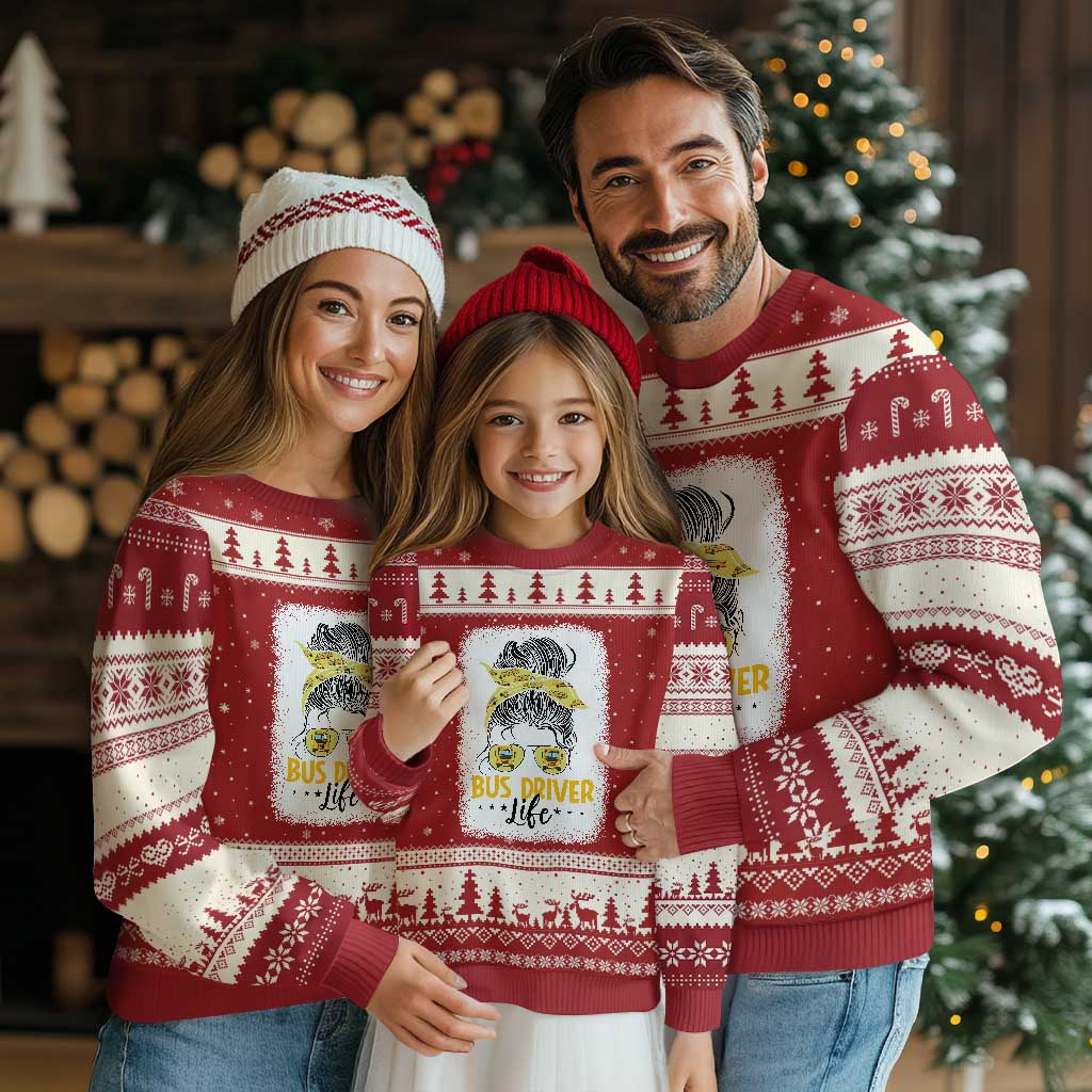 Messy Bun School Bus Driver Life Ugly Christmas Sweater TS14 Red Beige Print Your Wear