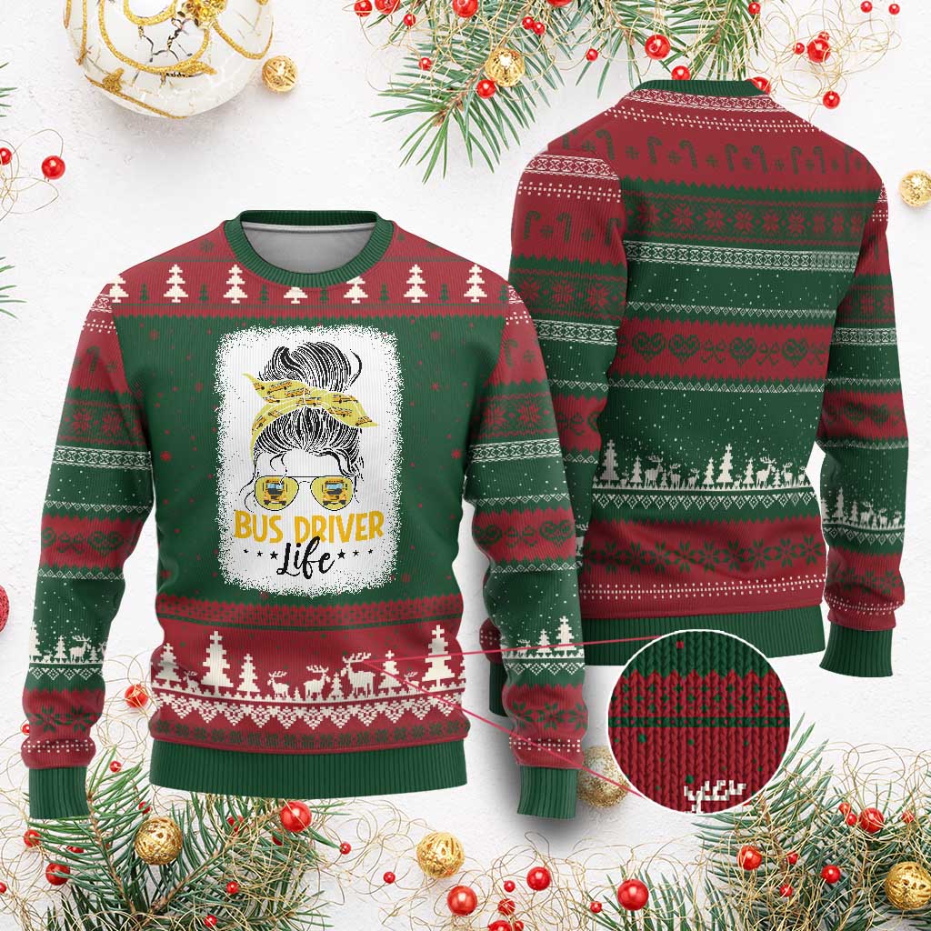 Messy Bun School Bus Driver Life Ugly Christmas Sweater TS14 Red Green Print Your Wear