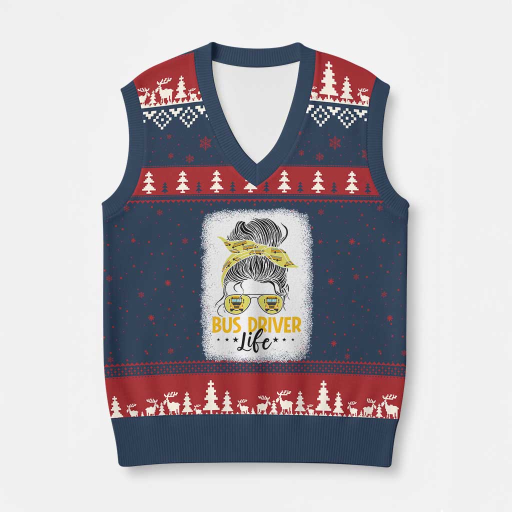 Messy Bun School Bus Driver Life V-Neck Knit Sweater Vest TS14 Navy Red Print Your Wear