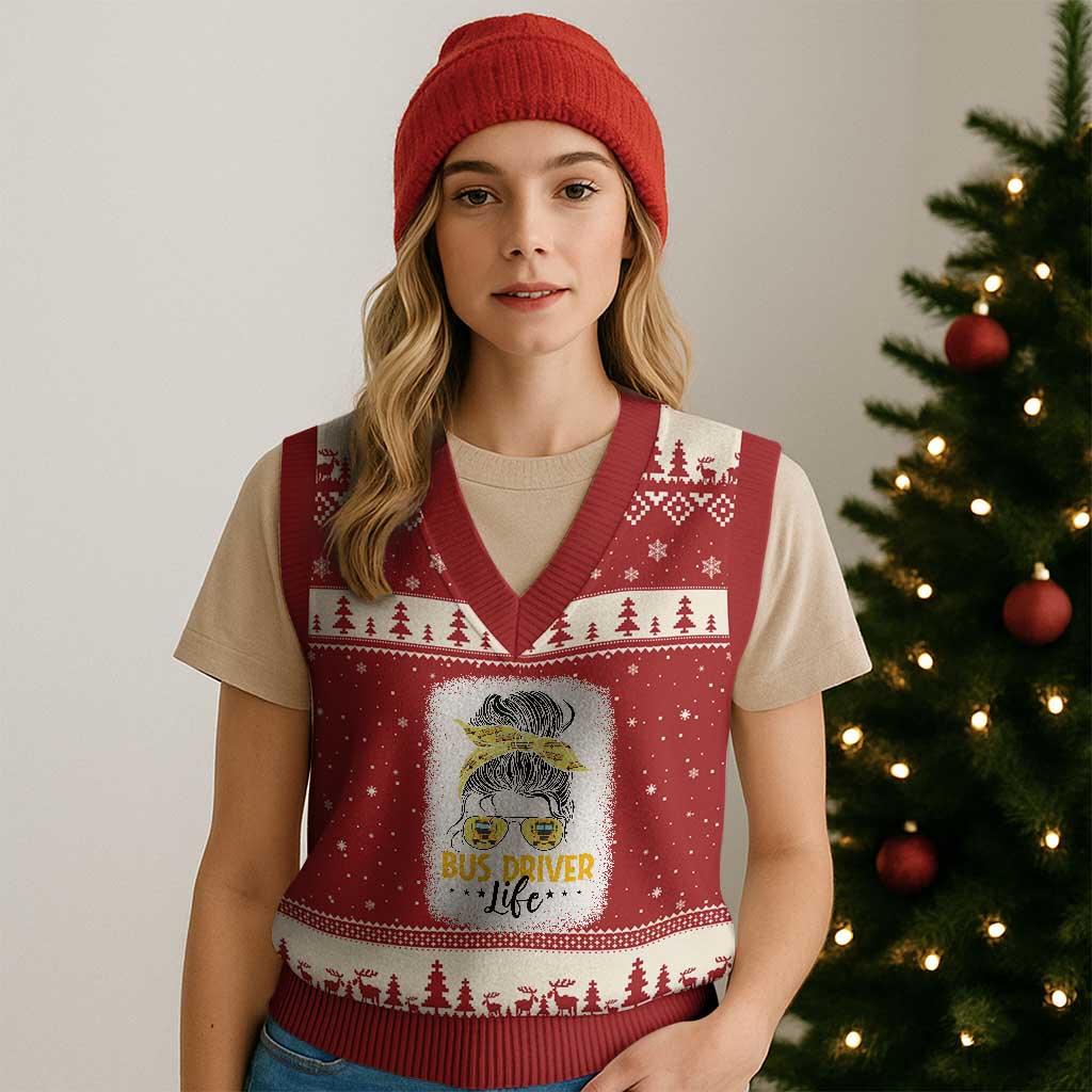 Messy Bun School Bus Driver Life V-Neck Knit Sweater Vest TS14 Red Beige Print Your Wear