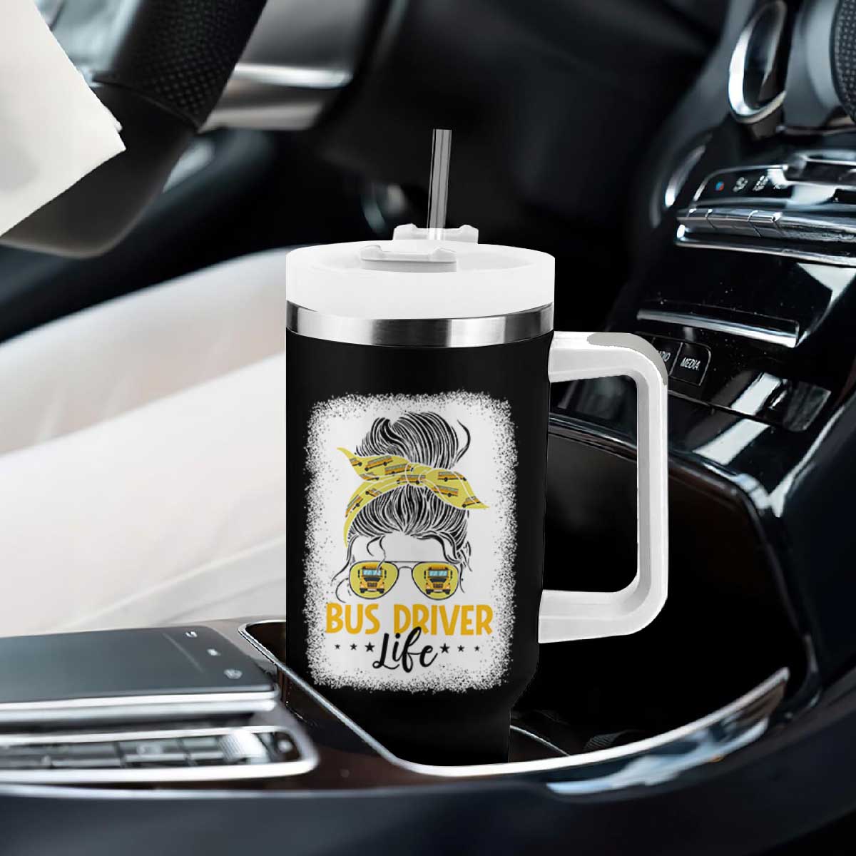 Messy Bun School Bus Driver Life Tumbler With Handle TS14 Print Your Wear