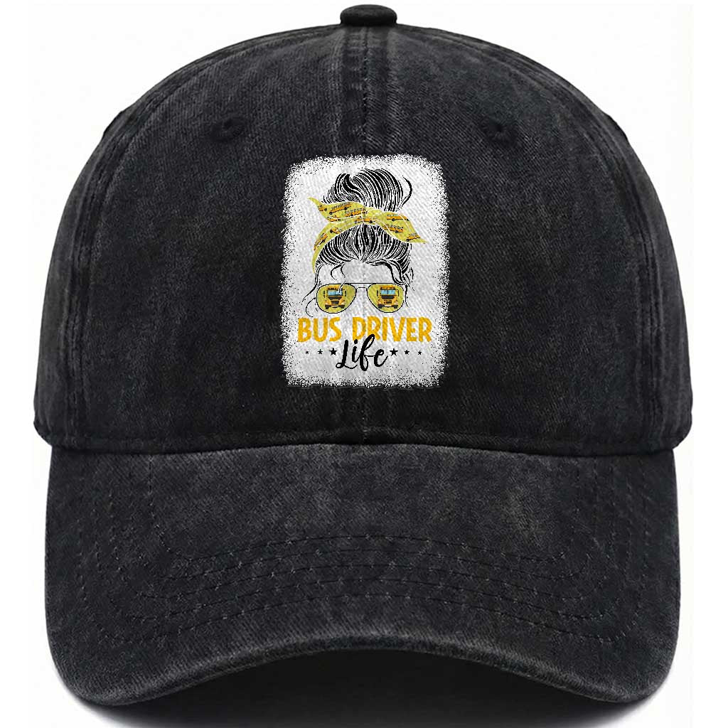 Messy Bun School Bus Driver Life Washed Cotton Baseball Cap TS14 Washed Cap Universal Fit Black Print Your Wear