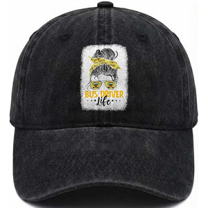 Messy Bun School Bus Driver Life Washed Cotton Baseball Cap TS14 Washed Cap Universal Fit Black Print Your Wear