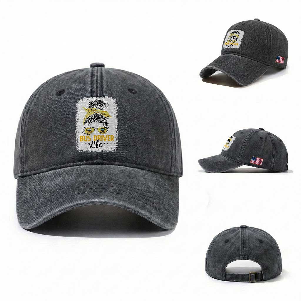 Messy Bun School Bus Driver Life Washed Cotton Baseball Cap TS14 Washed Cap Universal Fit Dark Gray Print Your Wear
