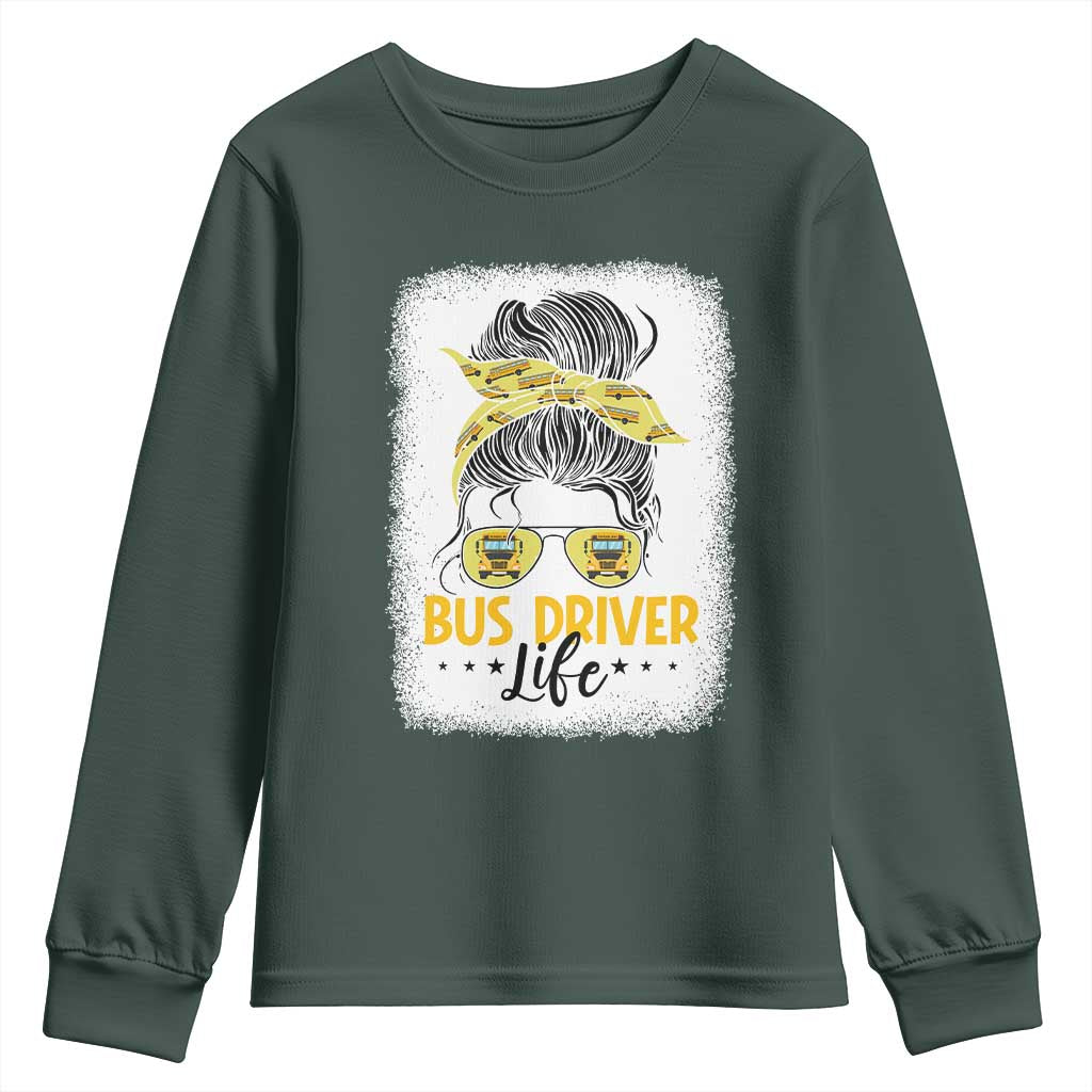 Messy Bun School Bus Driver Life Youth Sweatshirt TS14 Dark Forest Green Print Your Wear