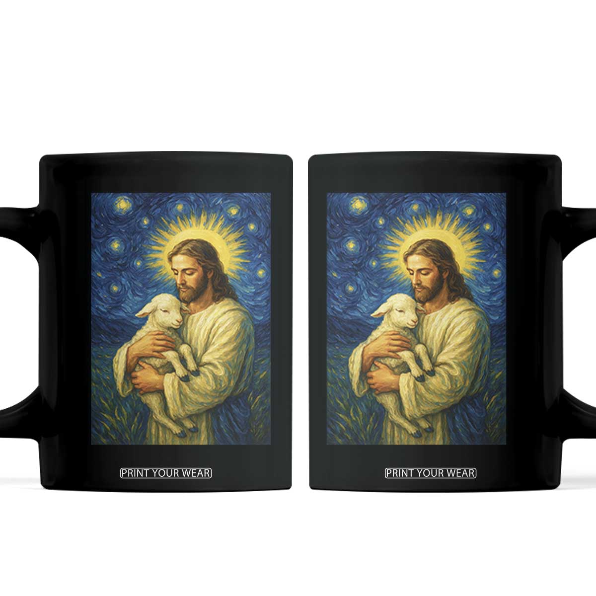Jesus Christian Coffee Mug Hug Lamb Starry Night Van Gogh TS14 Black Print Your Wear