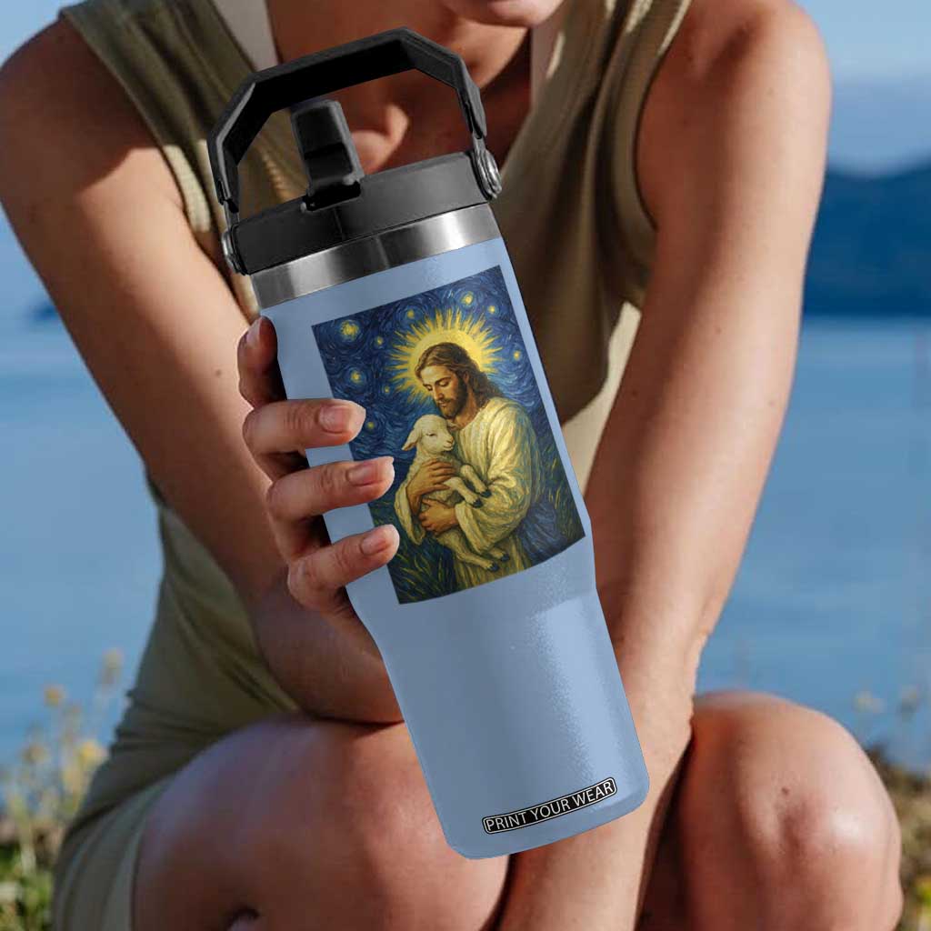 Jesus Christian Flip Straw Tumbler Hug Lamb Starry Night Van Gogh TS14 One Size: 30 oz Light Blue Print Your Wear
