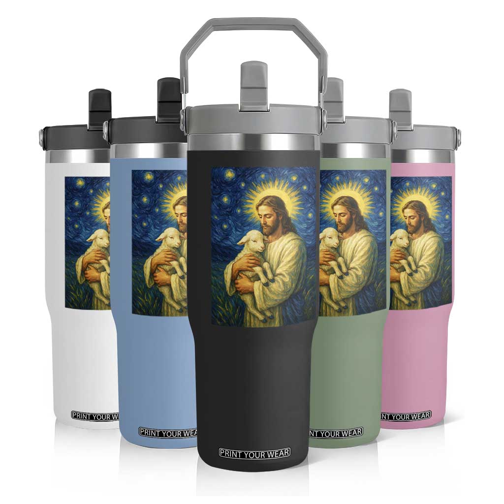 Jesus Christian Flip Straw Tumbler Hug Lamb Starry Night Van Gogh TS14 Print Your Wear