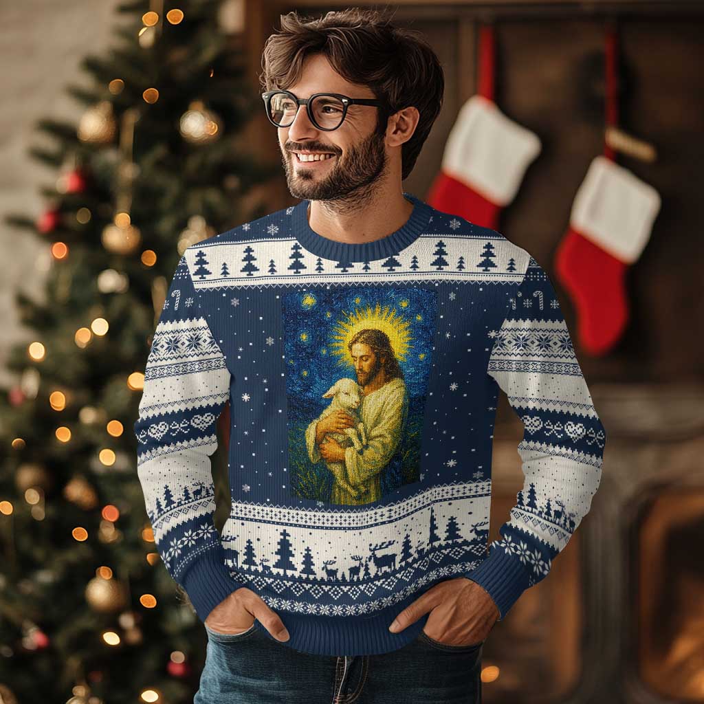 Jesus Christian Ugly Christmas Sweater Hug Lamb Starry Night Van Gogh TS14 Navy Beige Print Your Wear