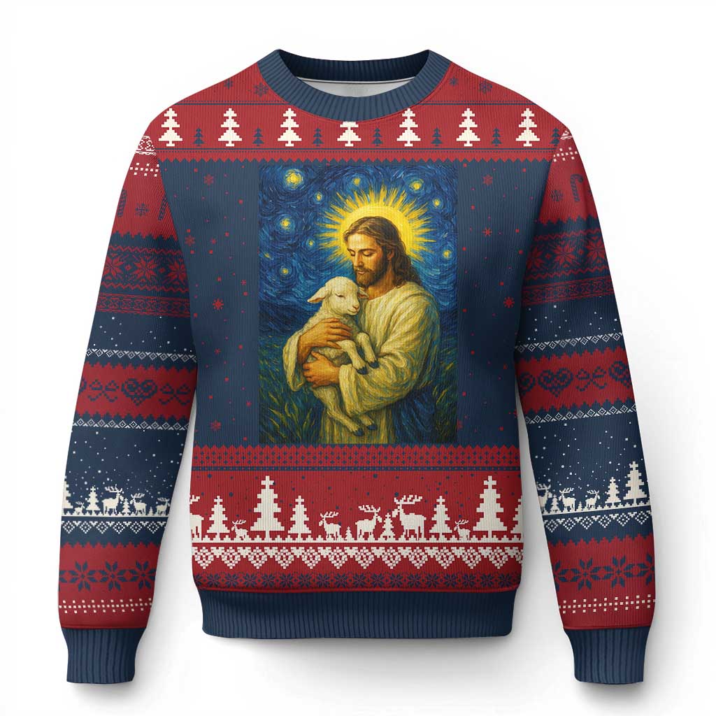 Jesus Christian Ugly Christmas Sweater Hug Lamb Starry Night Van Gogh - Print Your Wear
