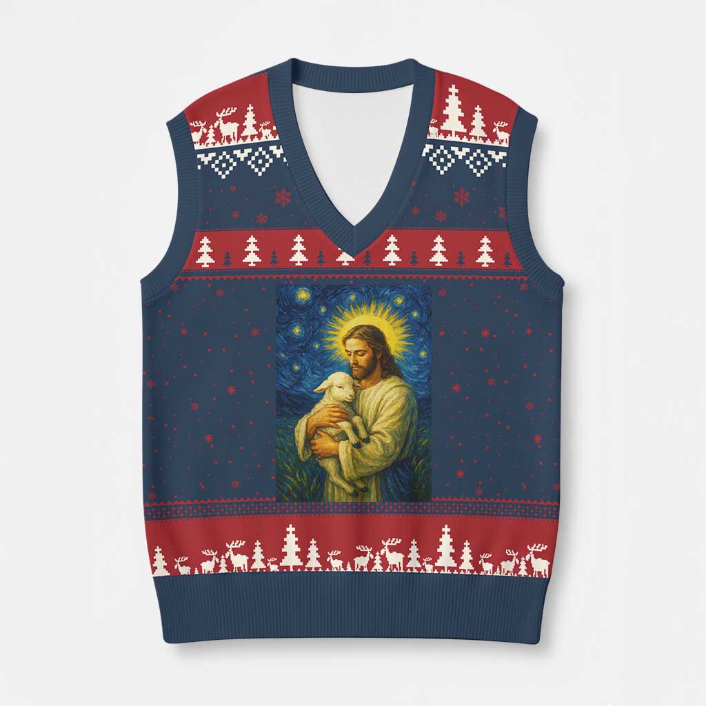 Jesus Christian V-Neck Knit Sweater Vest Hug Lamb Starry Night Van Gogh TS14 Navy Red Print Your Wear