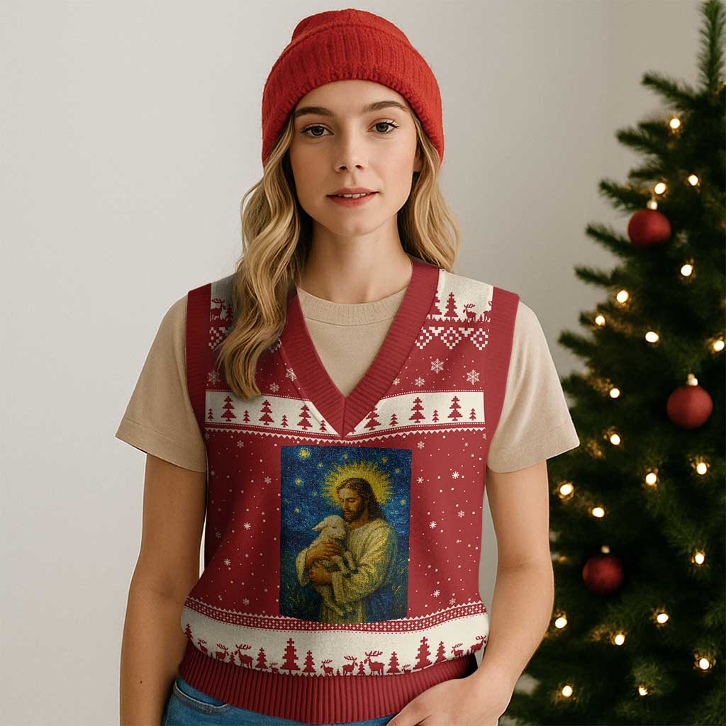 Jesus Christian V-Neck Knit Sweater Vest Hug Lamb Starry Night Van Gogh TS14 Red Beige Print Your Wear