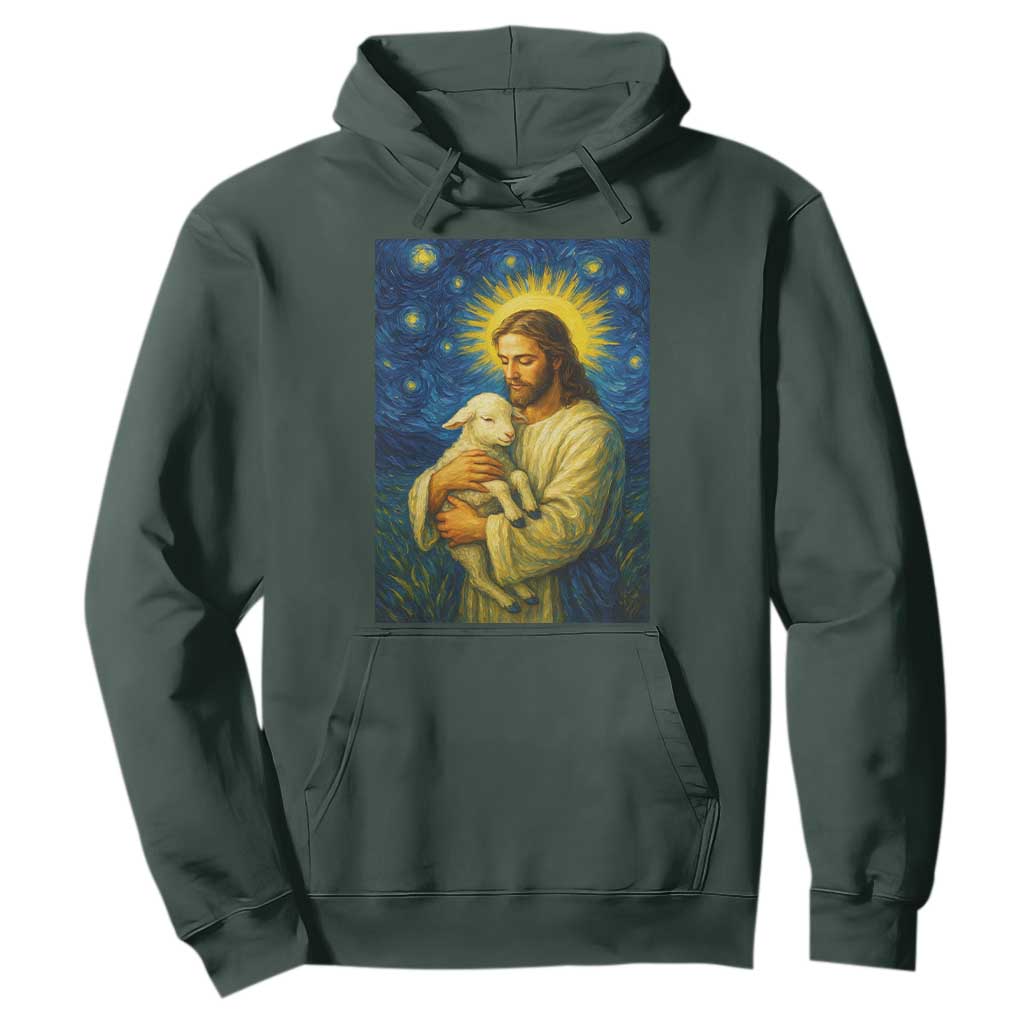 Jesus Christian Hoodie Hug Lamb Starry Night Van Gogh TS14 Dark Forest Green Print Your Wear