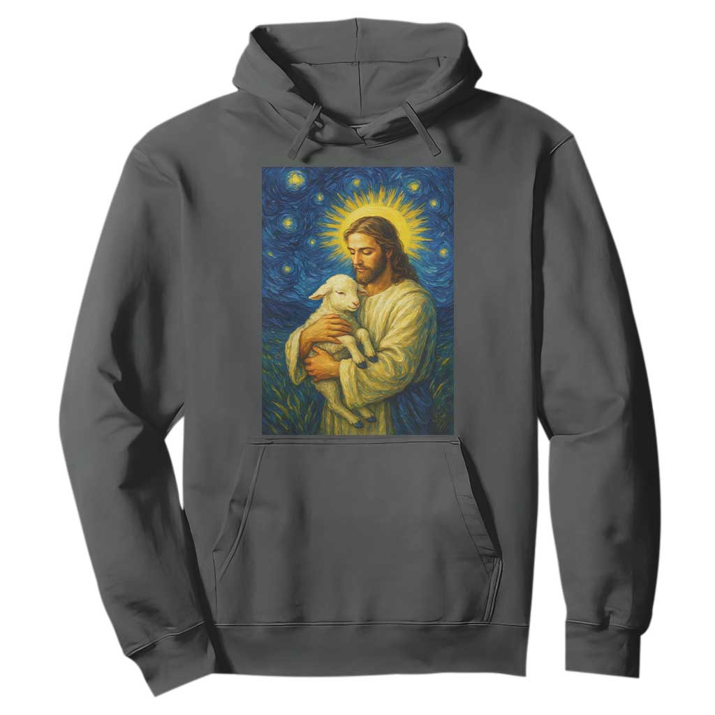Jesus Christian Hoodie Hug Lamb Starry Night Van Gogh TS14 Dark Heather Print Your Wear