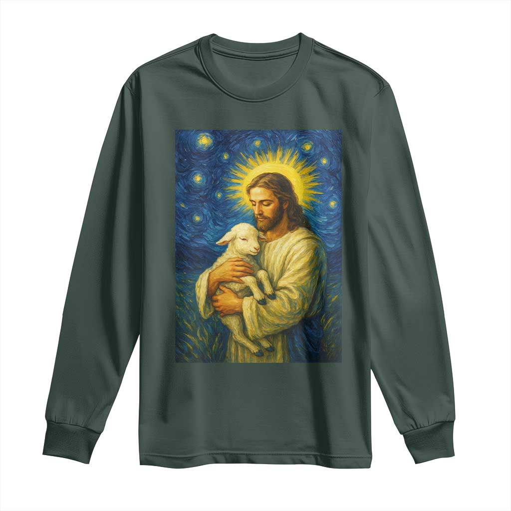 Jesus Christian Long Sleeve Shirt Hug Lamb Starry Night Van Gogh TS14 Dark Forest Green Print Your Wear