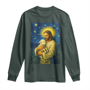 Jesus Christian Long Sleeve Shirt Hug Lamb Starry Night Van Gogh TS14 Dark Forest Green Print Your Wear