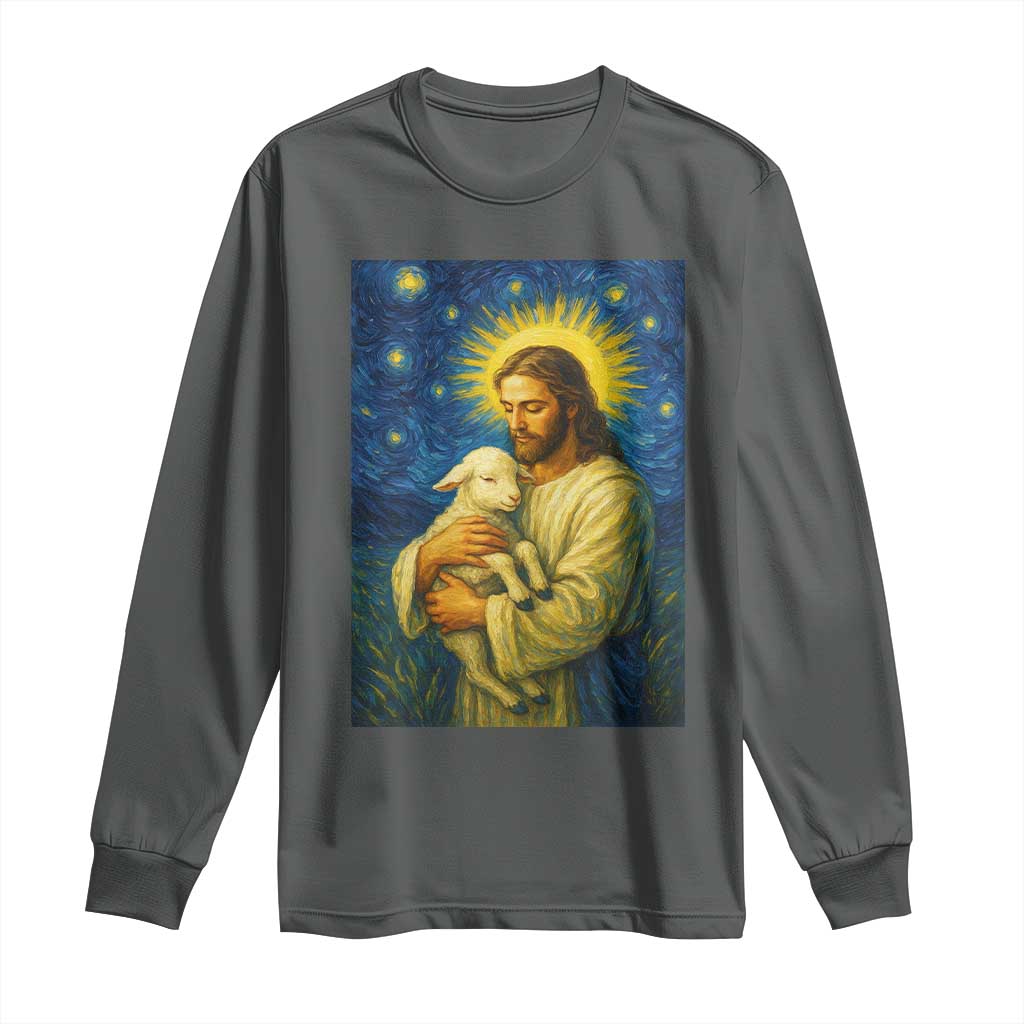 Jesus Christian Long Sleeve Shirt Hug Lamb Starry Night Van Gogh TS14 Dark Heather Print Your Wear