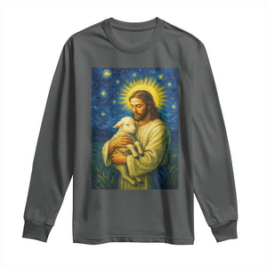 Jesus Christian Long Sleeve Shirt Hug Lamb Starry Night Van Gogh TS14 Dark Heather Print Your Wear