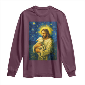 Jesus Christian Long Sleeve Shirt Hug Lamb Starry Night Van Gogh TS14 Maroon Print Your Wear