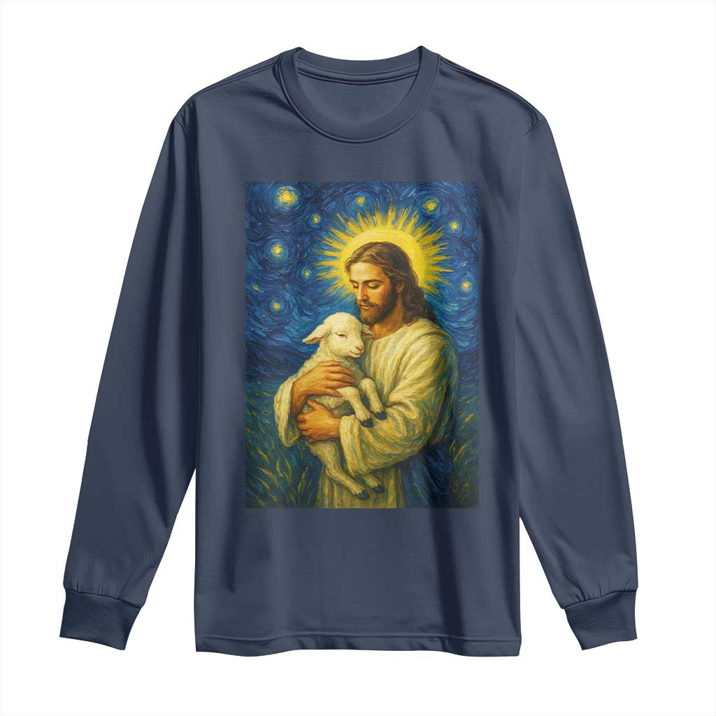 Jesus Christian Long Sleeve Shirt Hug Lamb Starry Night Van Gogh TS14 Navy Print Your Wear