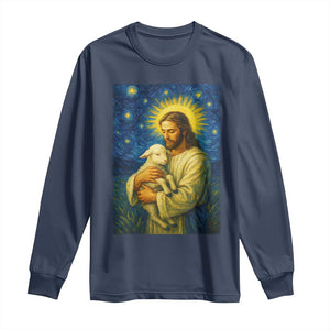 Jesus Christian Long Sleeve Shirt Hug Lamb Starry Night Van Gogh TS14 Navy Print Your Wear